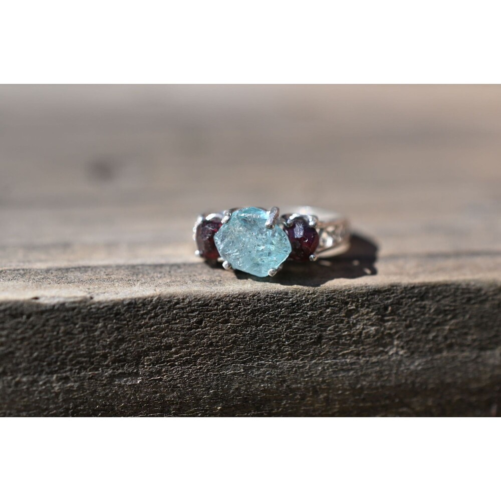 Garnet Ring - Aquamarine ring - Uncut engagement ring - Raw Gemstone ring - Ring